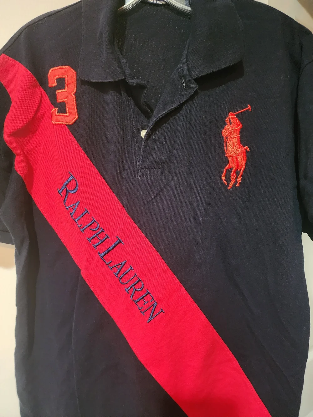 Ralph Lauren Navy & Red Polo Shirt with Diagonal Stripe. S-M